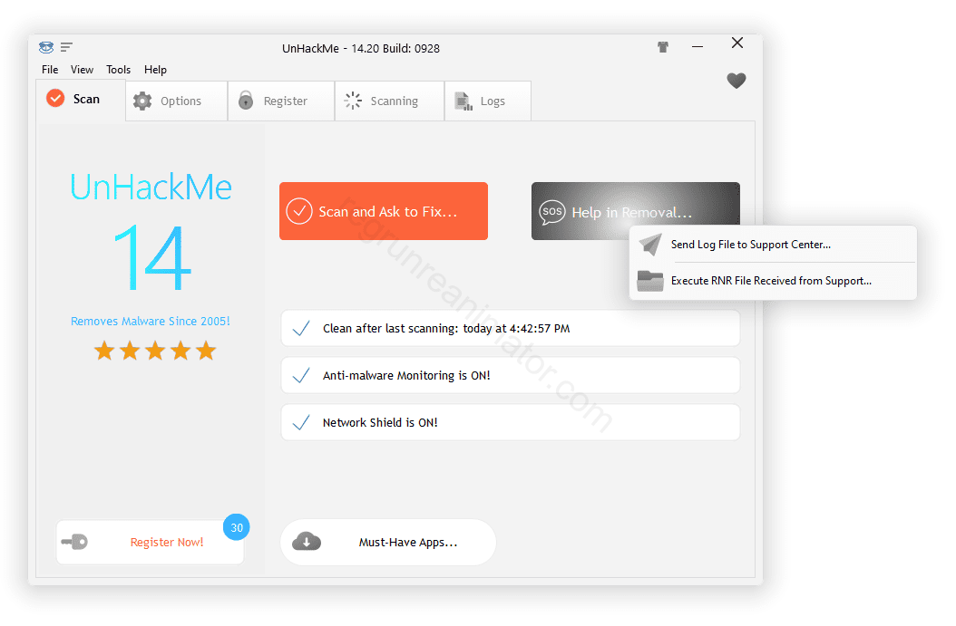 Click the UnHackMe Help in Removal button on the main screen